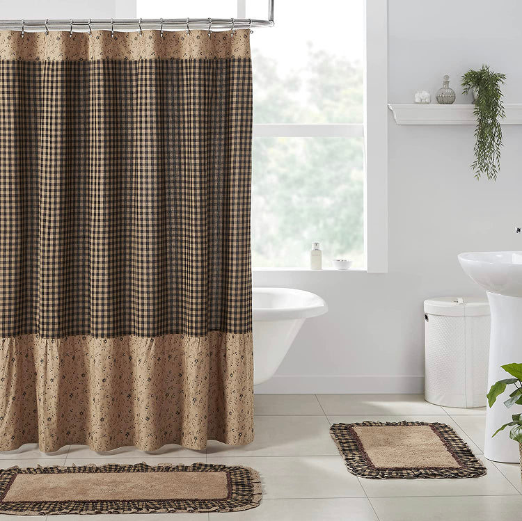 VHC Brands, Maisie Ruffled Patchwork Shower Curtains, Tan, 72x72